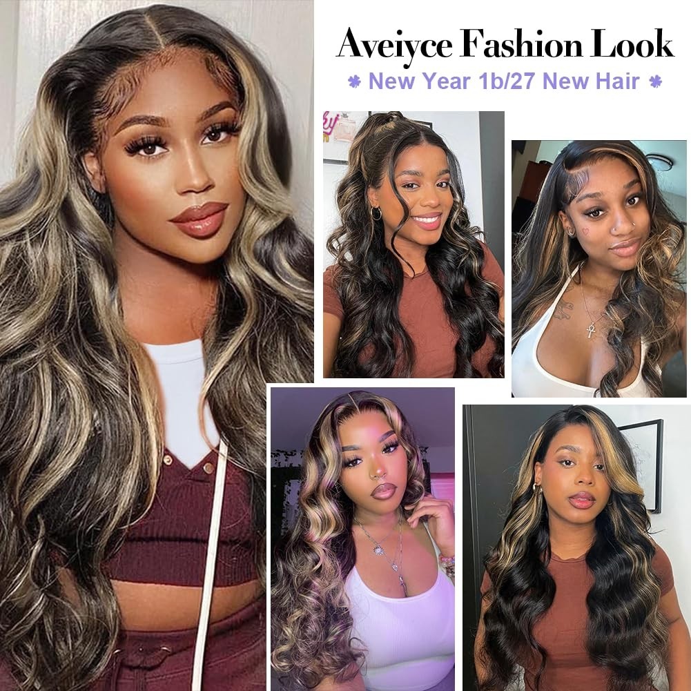 13×6 HD Lace Front Wig 24″ Body Wave Human Hair, Black Blonde Ombre, Pre Plucked