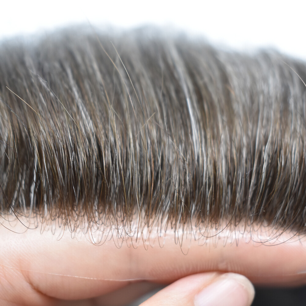 Thin Skin V-Loop Mens Toupee Hairpiece 0.04mm Poly PU Gray Hair Replacement