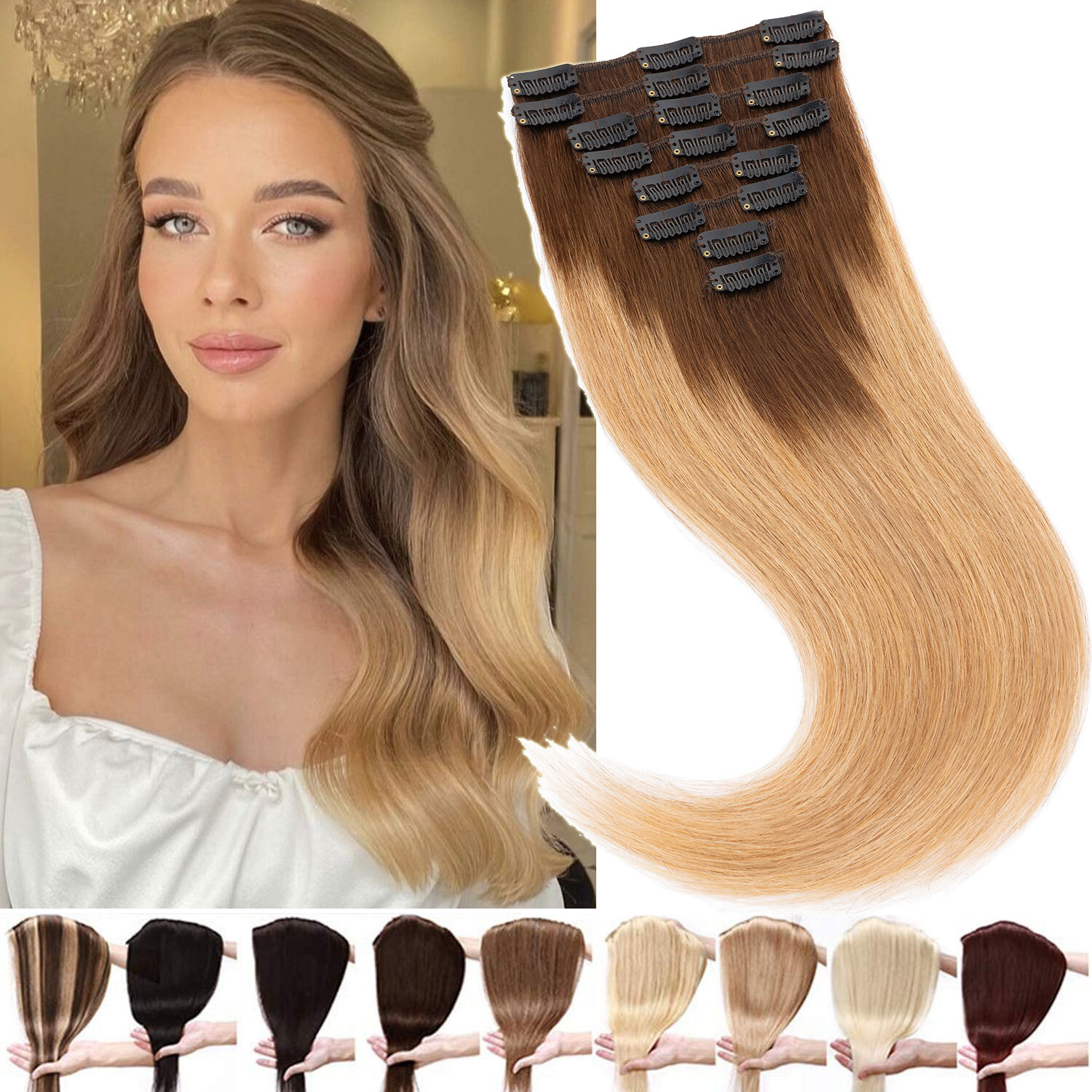 CLEARANCE Clip In 100% Real Human Remy Hair Extensions Full Head Ombe SHORT LONG