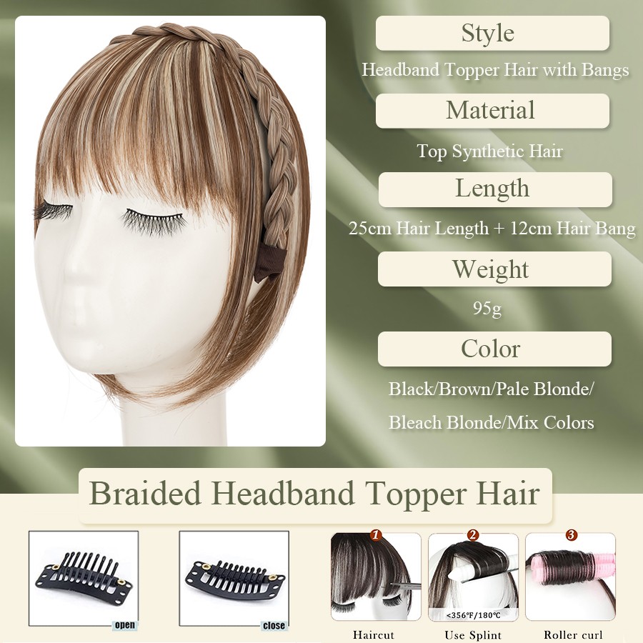 Braided Headband Topper Hairpiece Clip In Fringe Bang Hair Extension with Temple