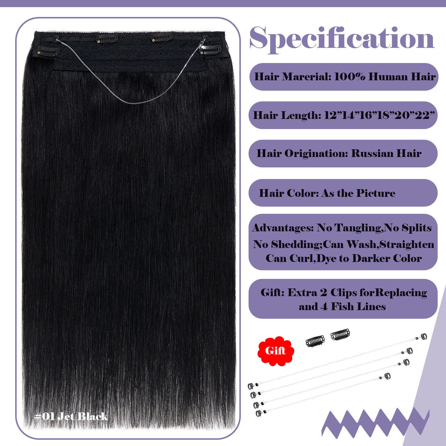 Hidden Secret Wire in Weft THICK Human Hair Extensions Headban One Piece No Clip