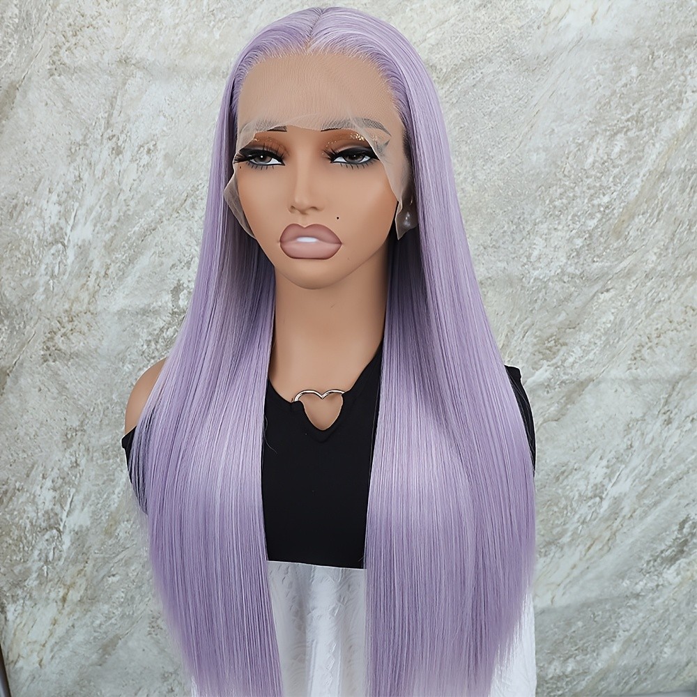 Light Purple Color Hair 26 Inches Long Silky Straight Synthetic Lace Front Wigs