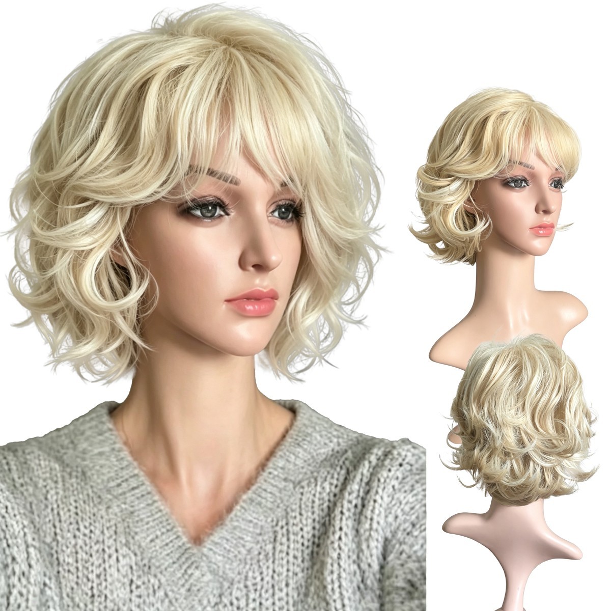 Blonde Curly Hair Wig Short Fluffy Layered Curly Bob Wig With Bangs Synthetic