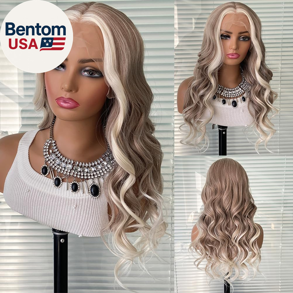 Beige Brown Ombre Platinum Blonde Long Wavy Synthetic Lace Front Wig Pre Plucked