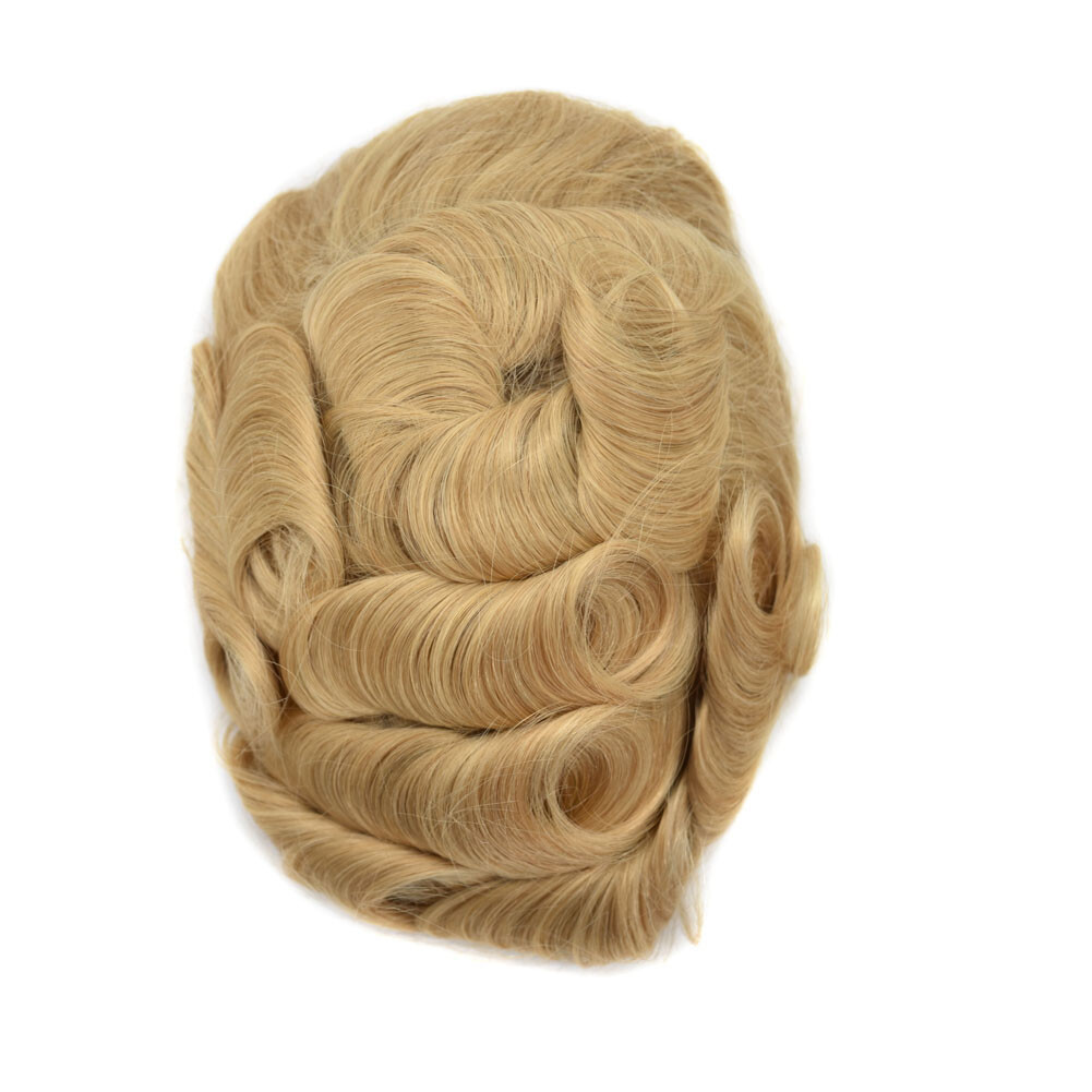 Mens Human Hair Replacement Medium Skin V-loop Scalloped Toupee Hairpiece Wig