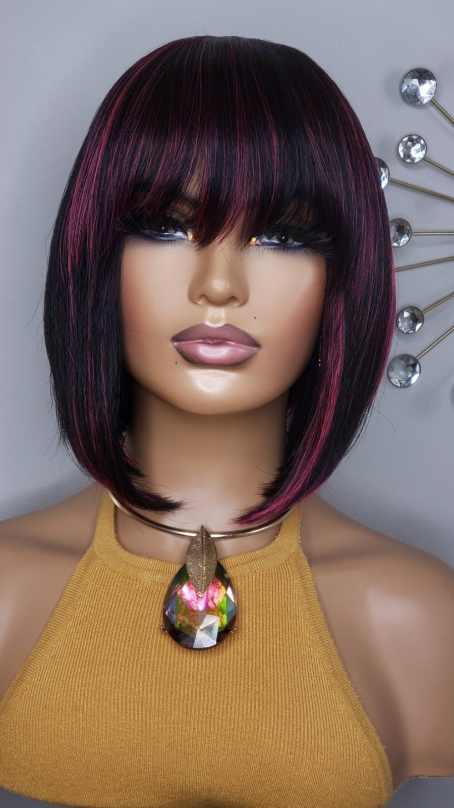 New Human Hair Blend Short Bob Wrap Bangs Full Cap Wig Black Pink Highlights Wig
