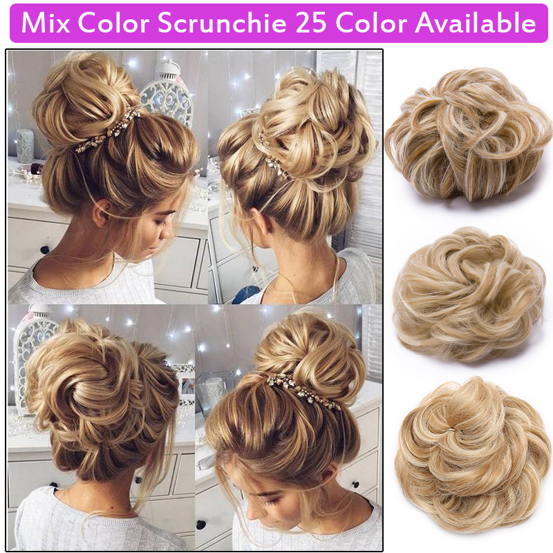 Real Natural Messy Hair Scrunchie Clip on Bun Ponytail Updo Extension Blonde Mix