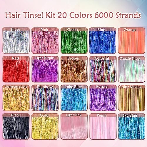 Hair Tinsel Kit 20 Colors 8000 Strands 48 Inch Heat Resistant Extensions with