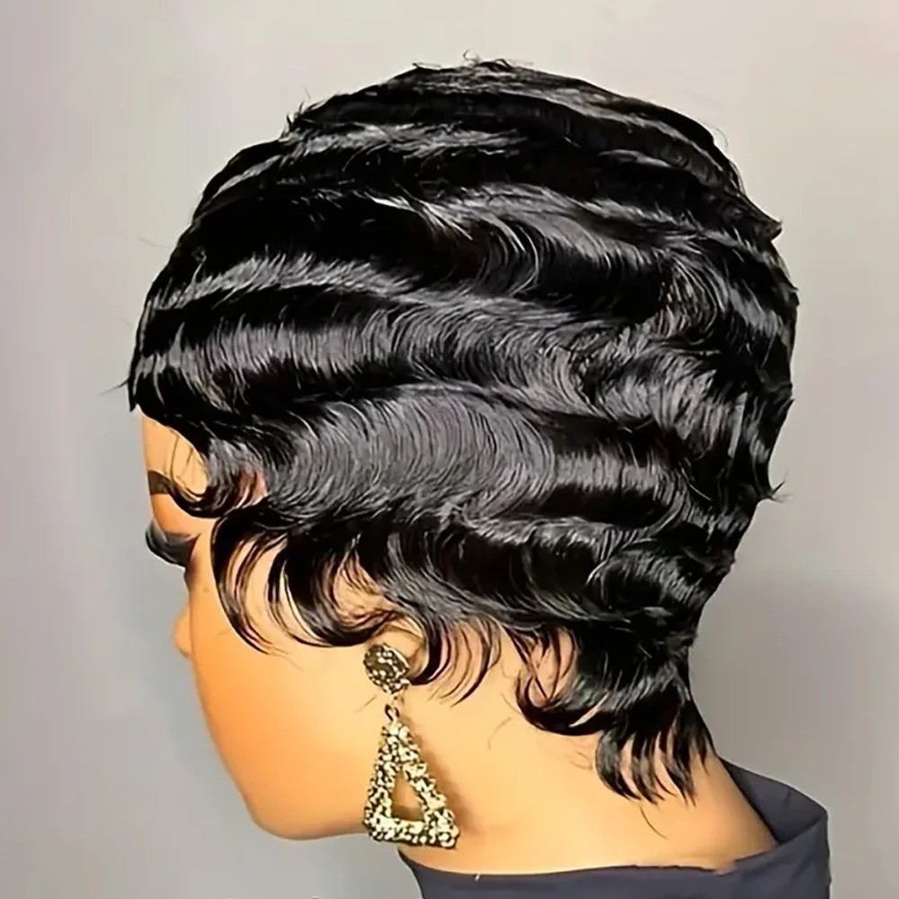 Short Finger Wave Wig Human Hair Wig For Women Brown Short Ocean Wave Wig Pixie
