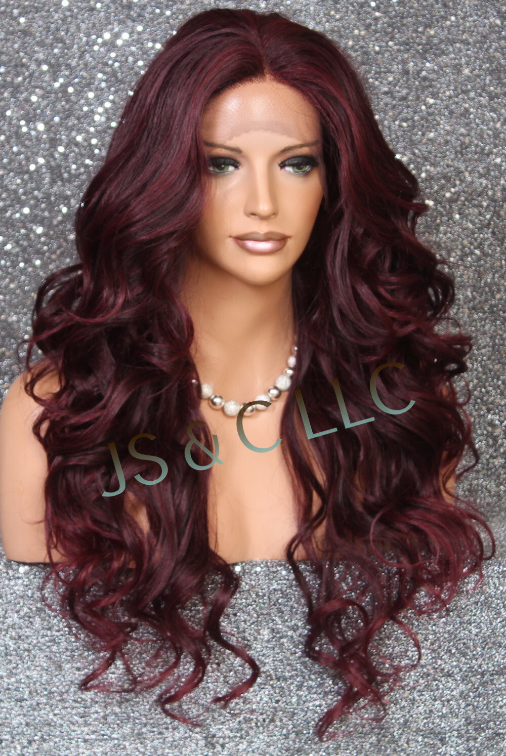 Human Hair Blend Full Mono Lace Front Wig Wavy Burgundy mix Heat OK WBSG 1B-burg
