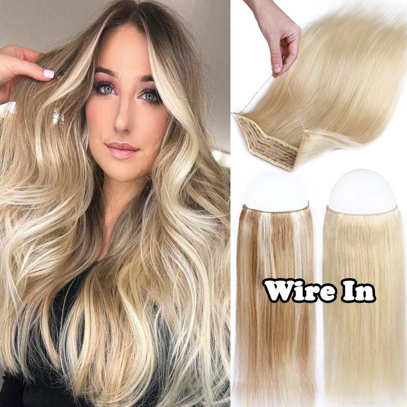Thick Hidden Weft Wire In One Piece Remy Human Hair Extensions No Clip Balayage