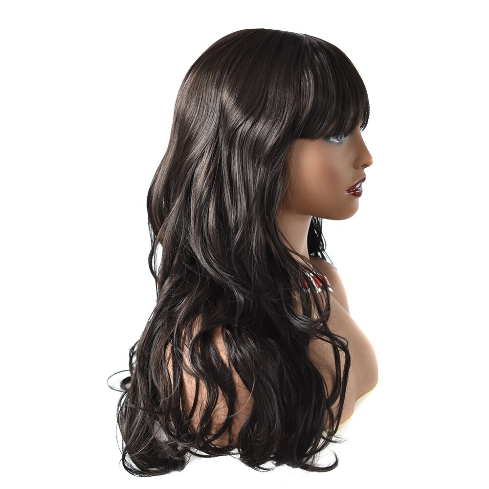 Women Synthetic Wig Long Wavy Hair with Bangs Machine Made Full Cap Glueless Wig