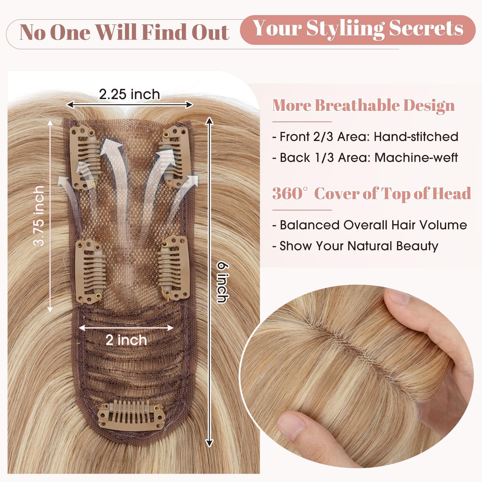 Hairro Hair Toppers For Women Real Human Hairpieces 2.25X6 Base Clips On 360 3D