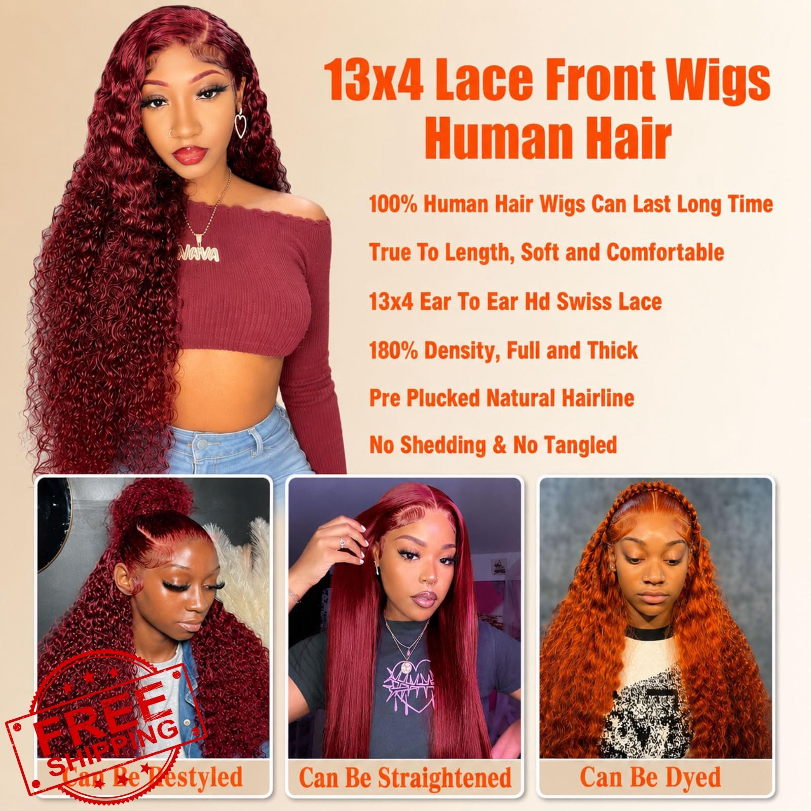 PREMAY 22 Inch Burgundy Lace Front Wig Human Hair