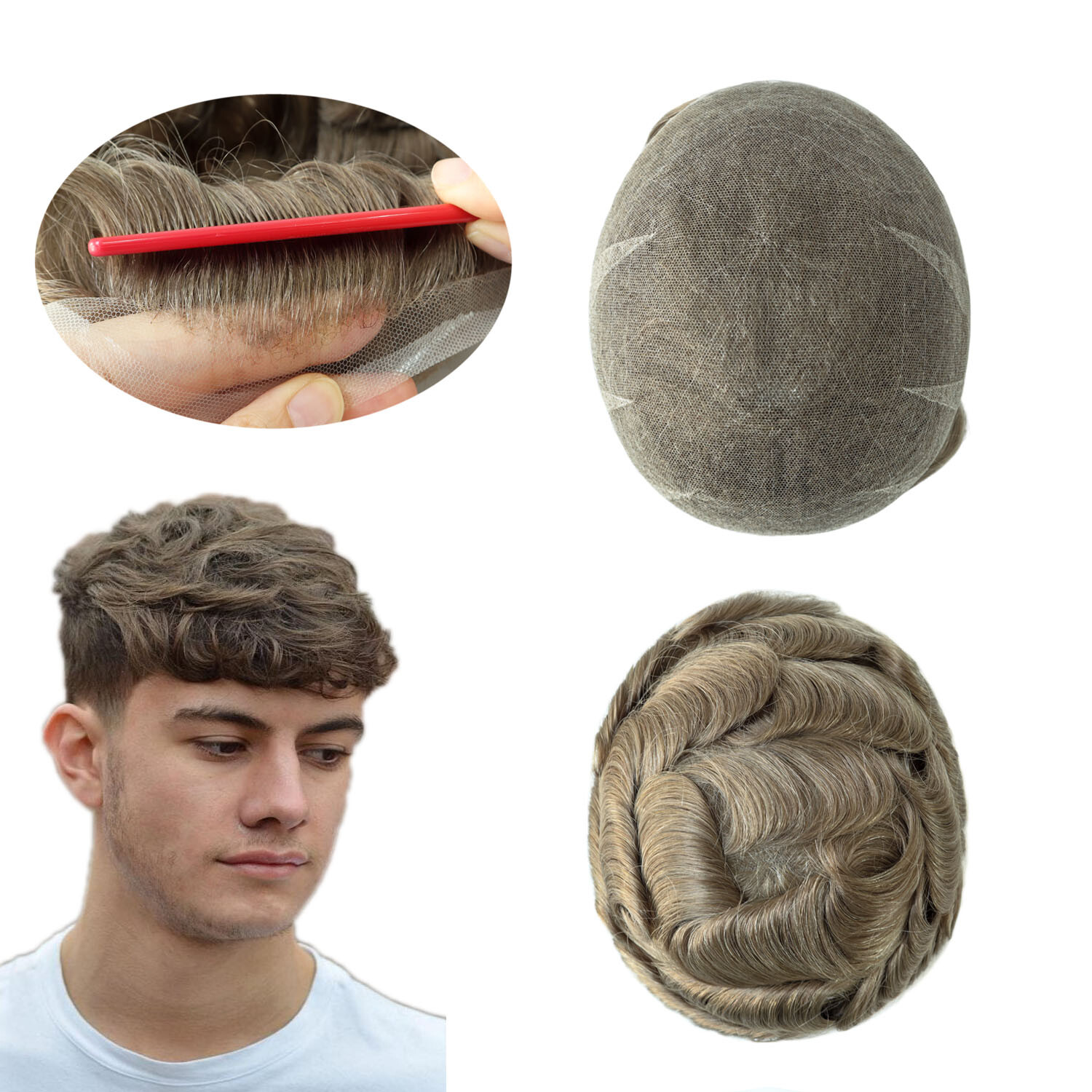 Natural Mens Toupee Swiss Lace Wave Human Hair Replacement Systems Hairpieces