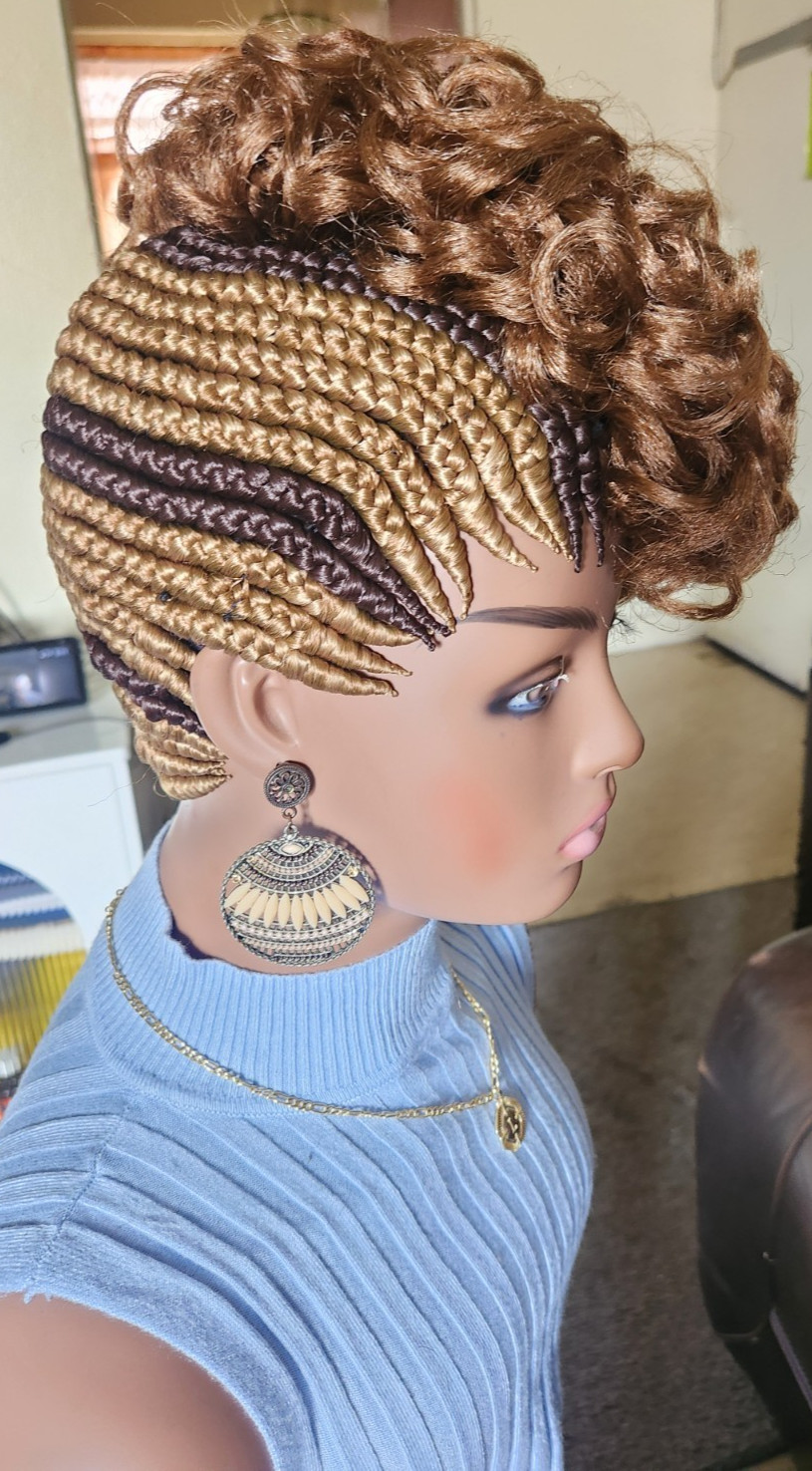 Fully Hand Braided box curly Mohawk braids cornrow wig Brown/Dark brown