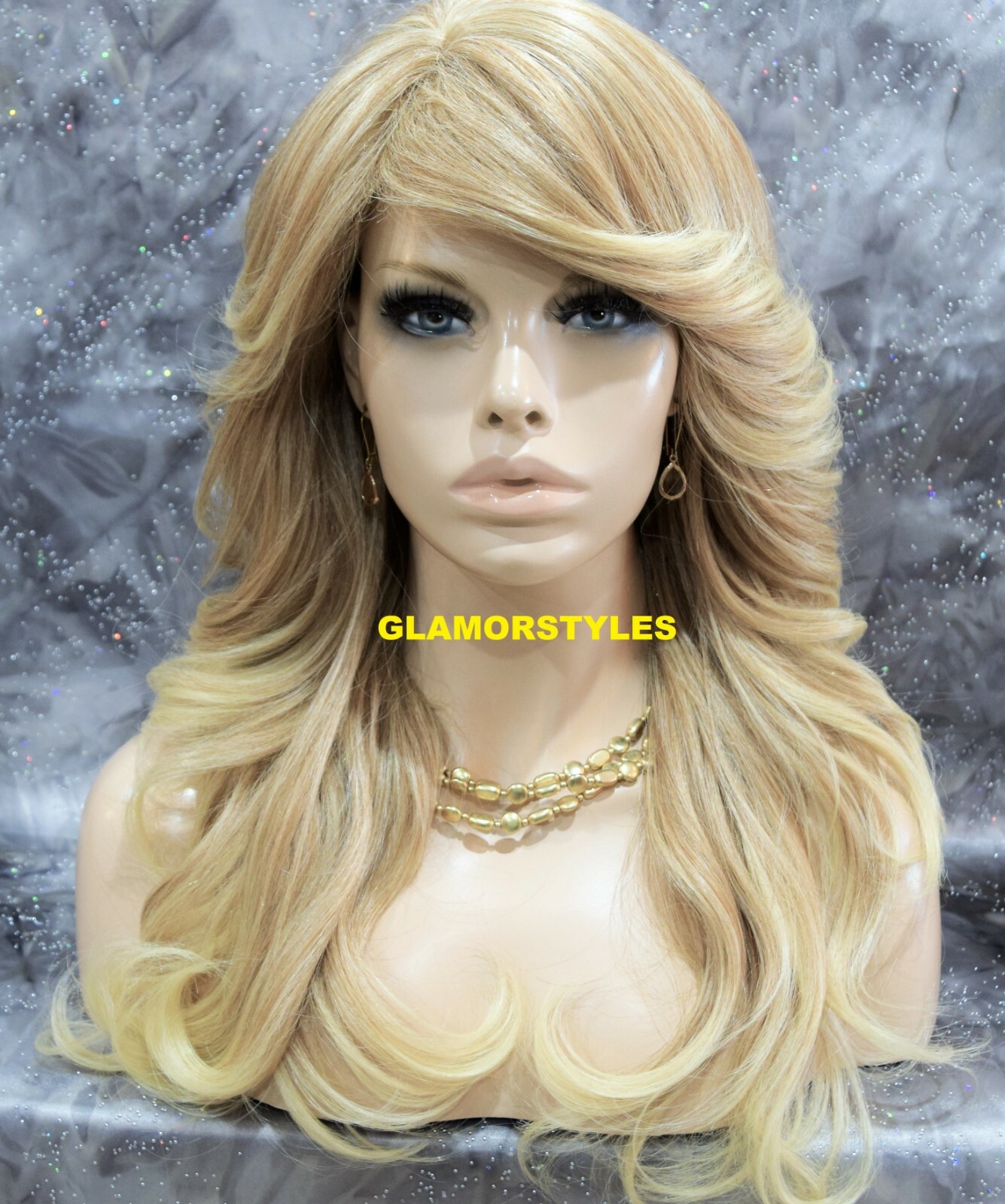 FULL WIG LONG LAYERED WAVY SIDE PART MEDIUM BLONDE MIX HEAT OK #T27.613 NWT