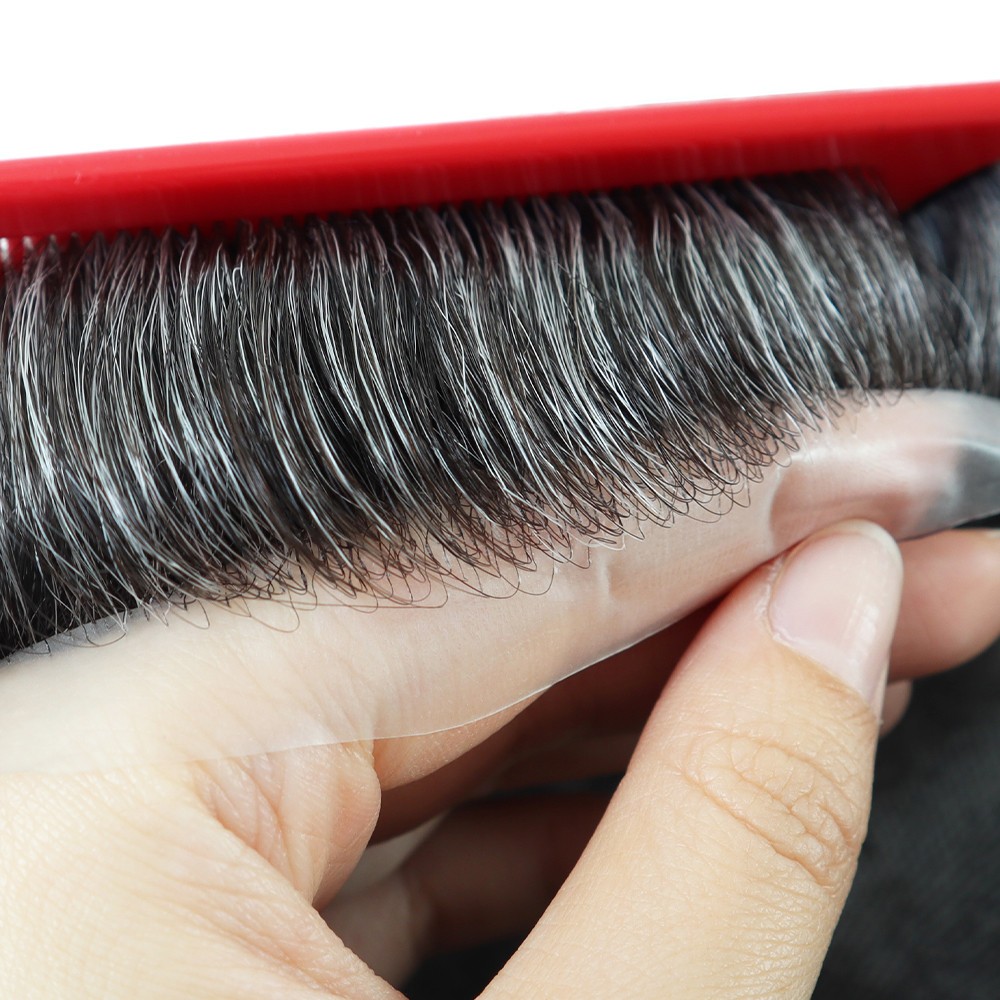 Mens Toupee Human Hair Piece Ultra Thin Skin Knotted Men Hair Replacement System