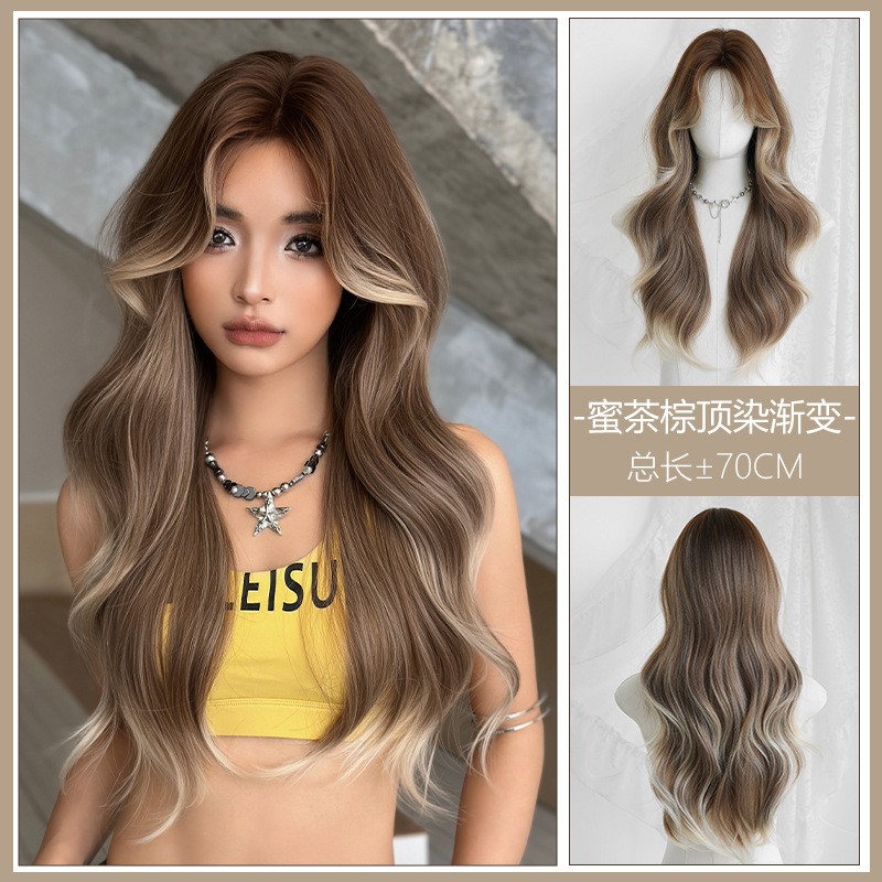 Summer Honey Brown Ombre Middle Part Long Curly Wig for Women