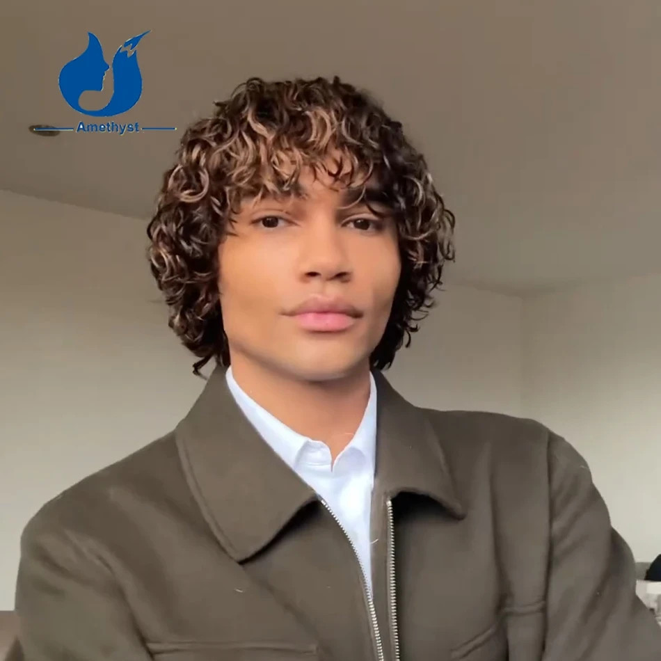 Male Highlight Wet Curly Wig Human Hair with Bangs O Scalp Top Full Machine Made