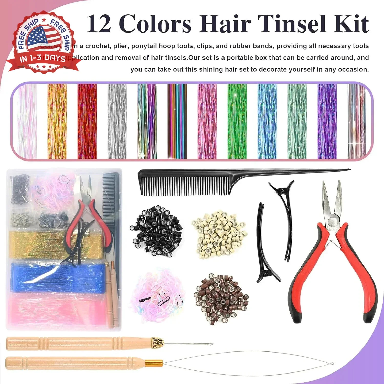Leuceiy 12 Colors Hair Tinsel Kit, 48 Inch Hair Extensions With Tool, 3600 Stran