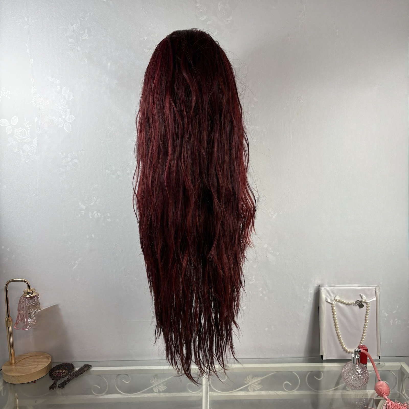 Long wavy Dark Roots To Mahogany Human Hair Blend Lace Front Daily Wig.