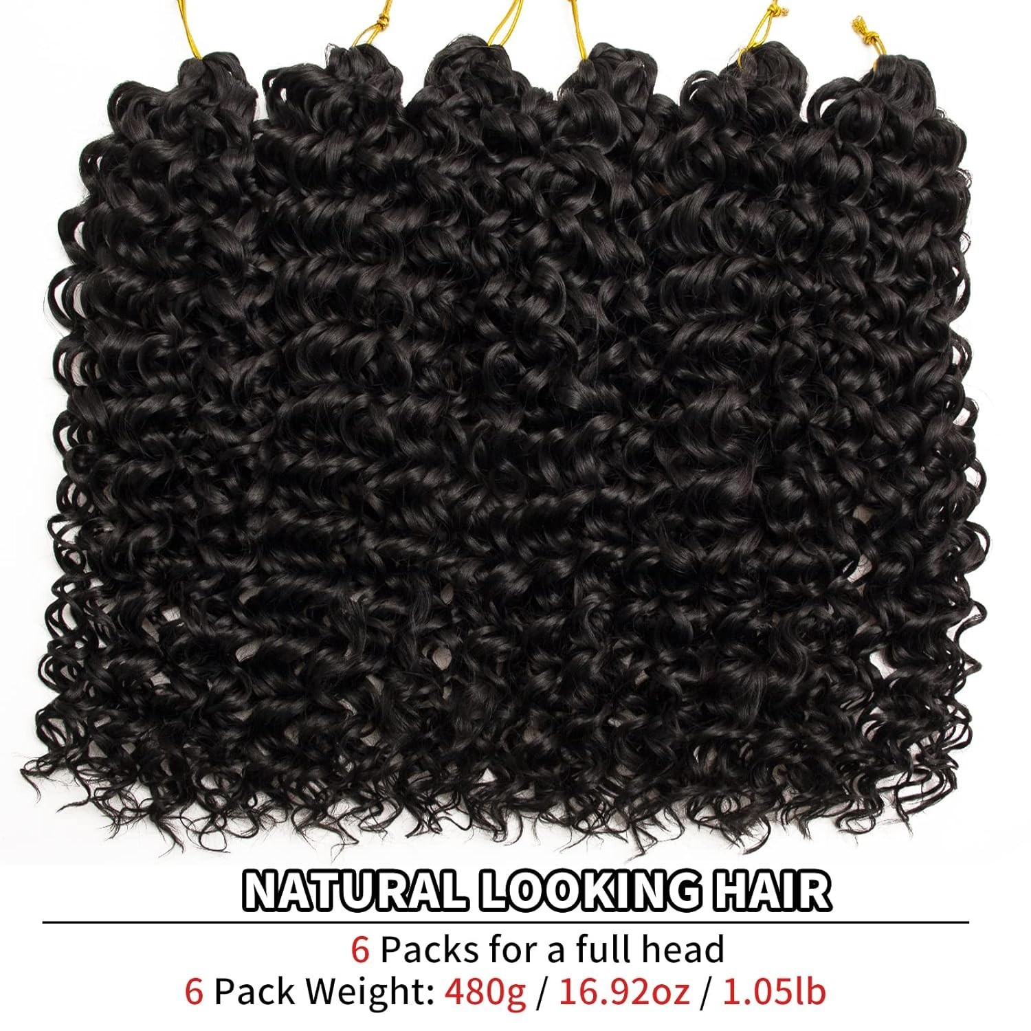GoGo Curl Water Wave Curly Crochet Hair – 18 inch, Pack of 6 in 1B Natural Black