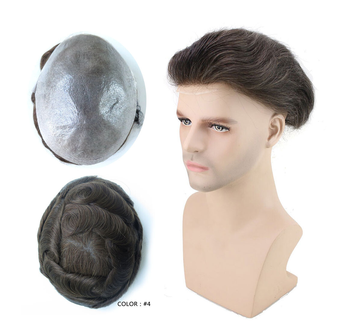 Mens Human Hair Replacement System Thin Skin V-Loop 04-05 Toupee Hairpiece #4