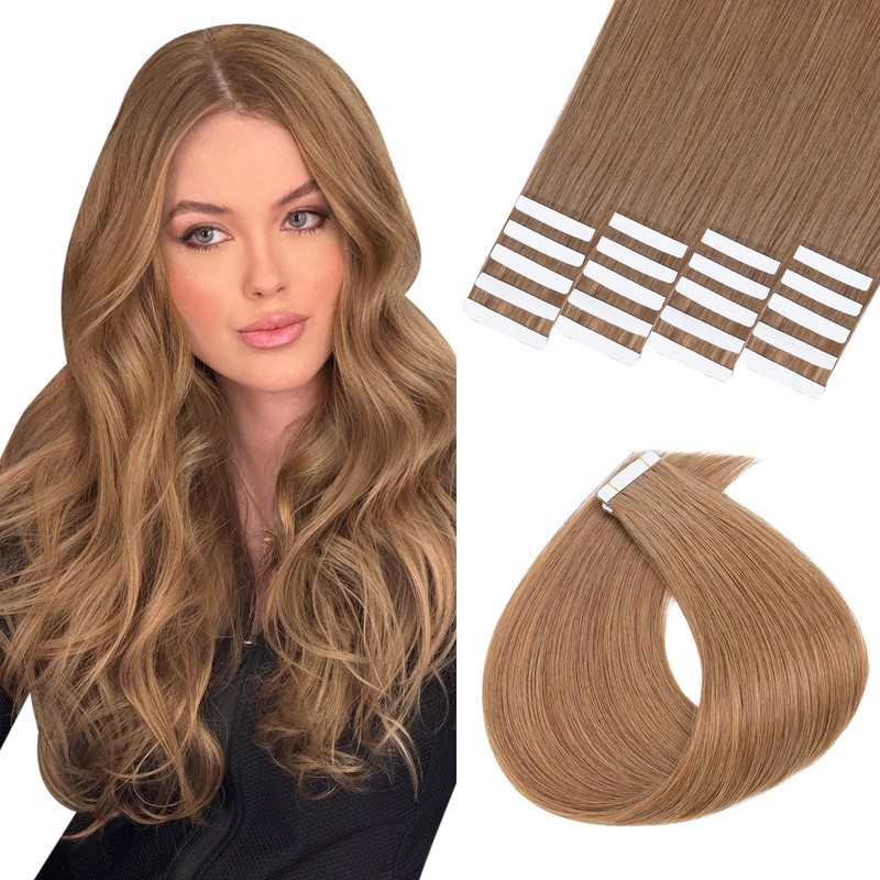 Hairro Remy Tape In Human Hair Extensions 24 Inch 20Pcs 50G Blondish Brown Long