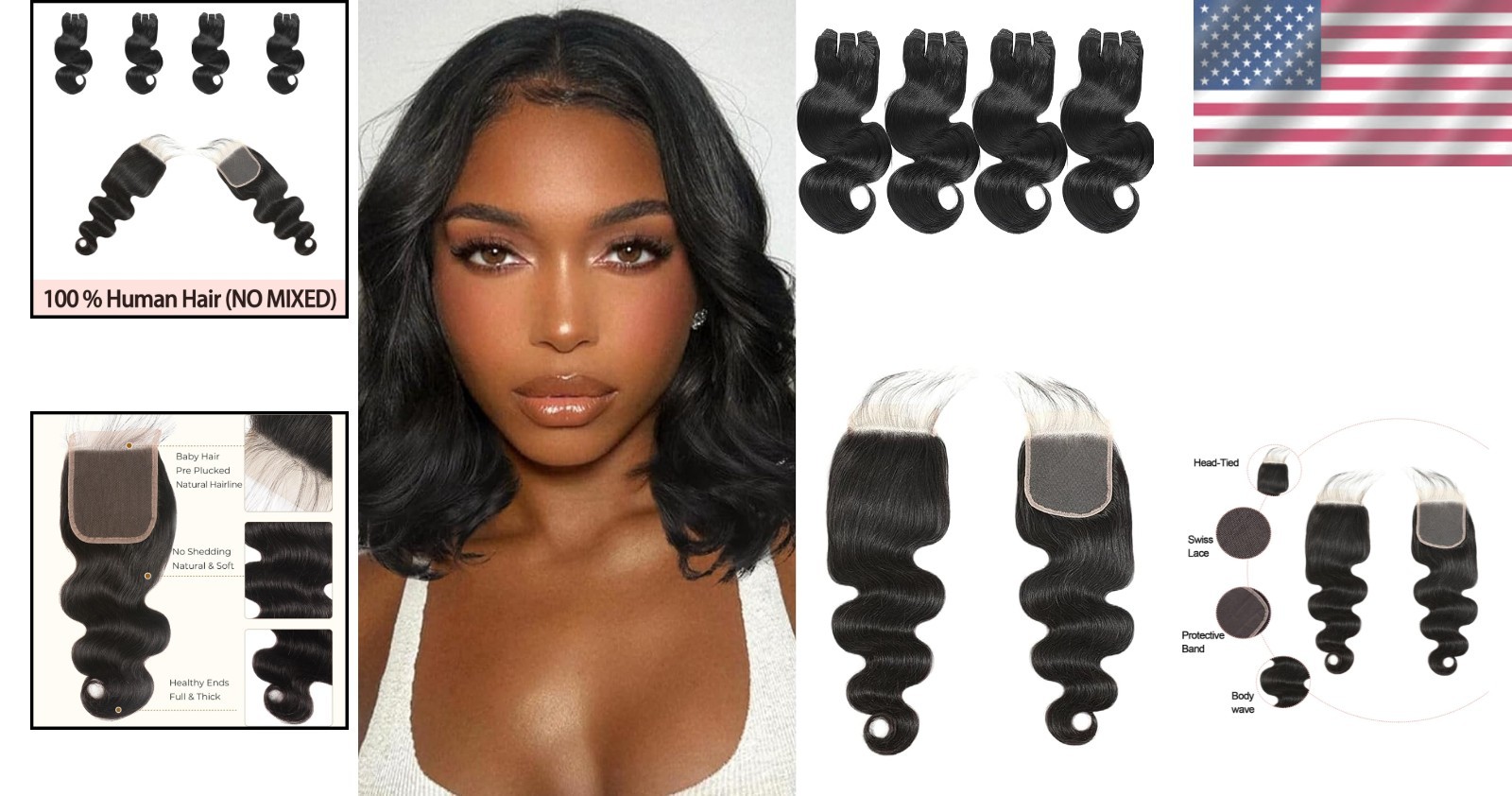 Natural Black Body Wave Human Hair Bundles with 10 Inch Closure for Quick Weaves