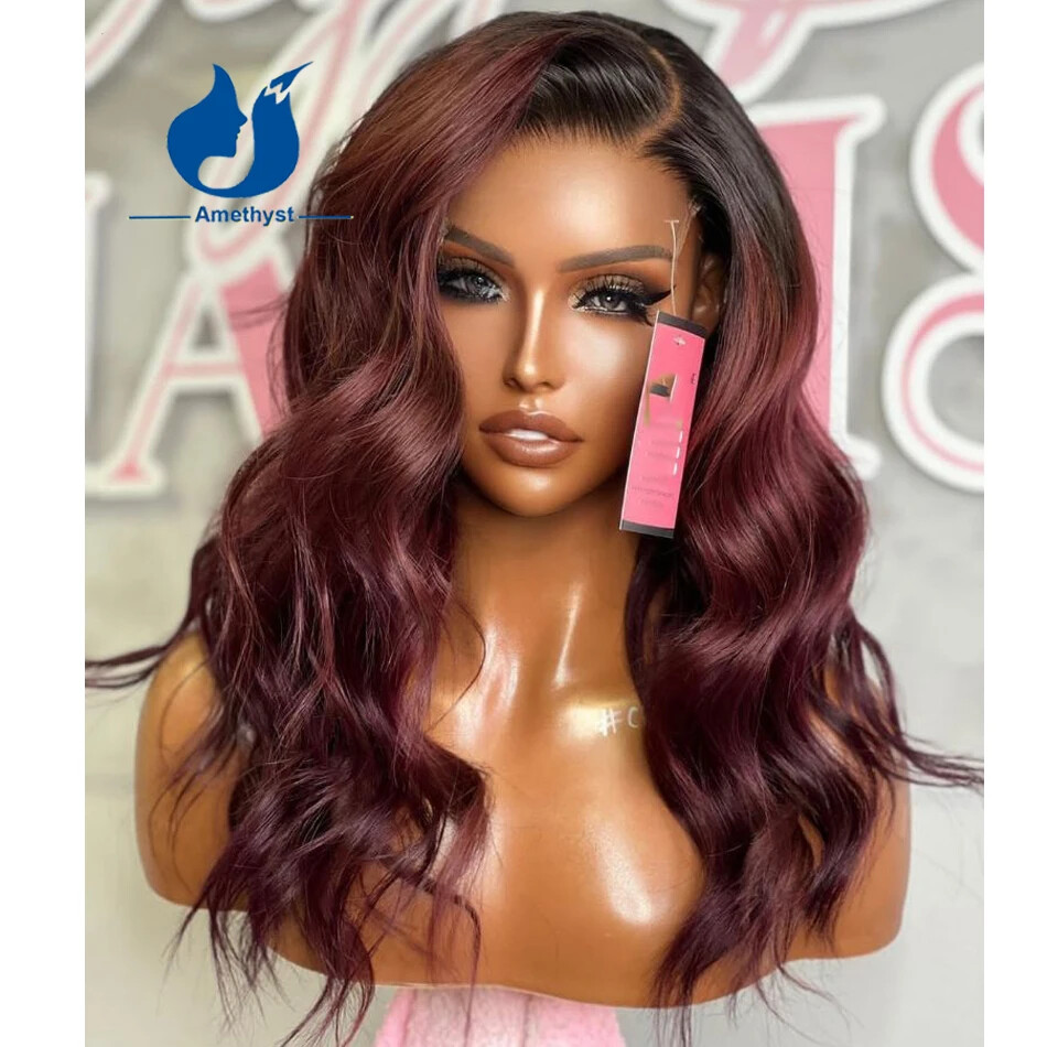 Ombre Burgundy Lace Front Wig Human Hair With Dark Root Braizilian Loose Wavy