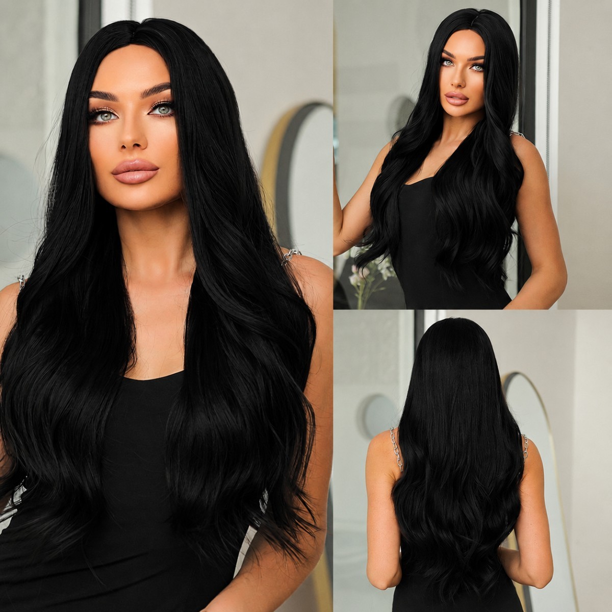 Halloween Long Wavy Black Synthetic Hair Heat Resistant Costume Wigs