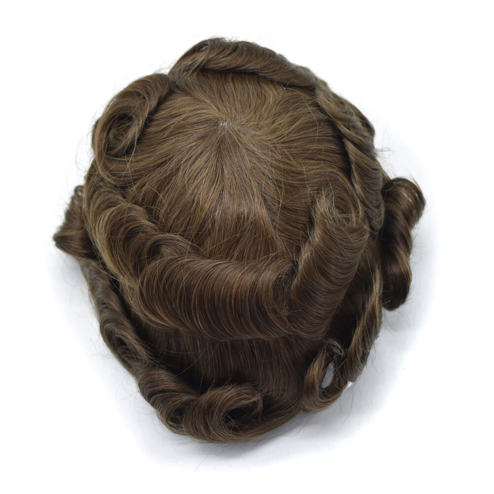 Mens Human Hair Replacement Medium Skin V-loop Scalloped Toupee Hairpiece Wig
