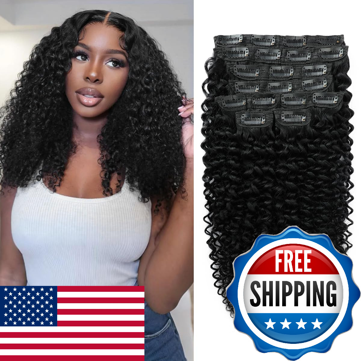Calneshia 3C 4A Curly Clip In Hair Extensions Real Human Hair 24 Inch 110G 8Pcs