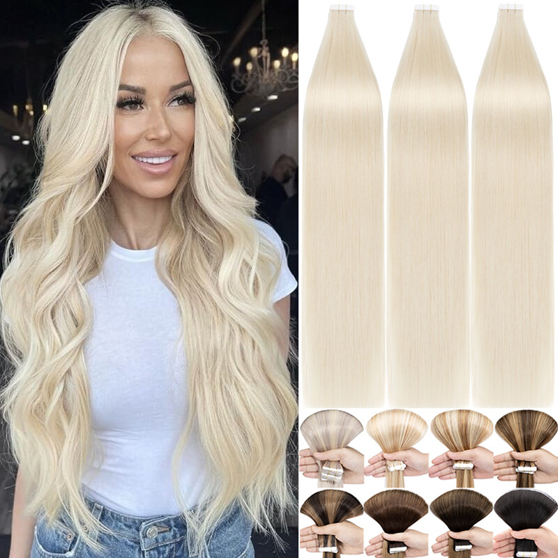 20/40/60pcs Thick Tape In Human Hair Extensions Skin Weft Body Wave Curly #Brown
