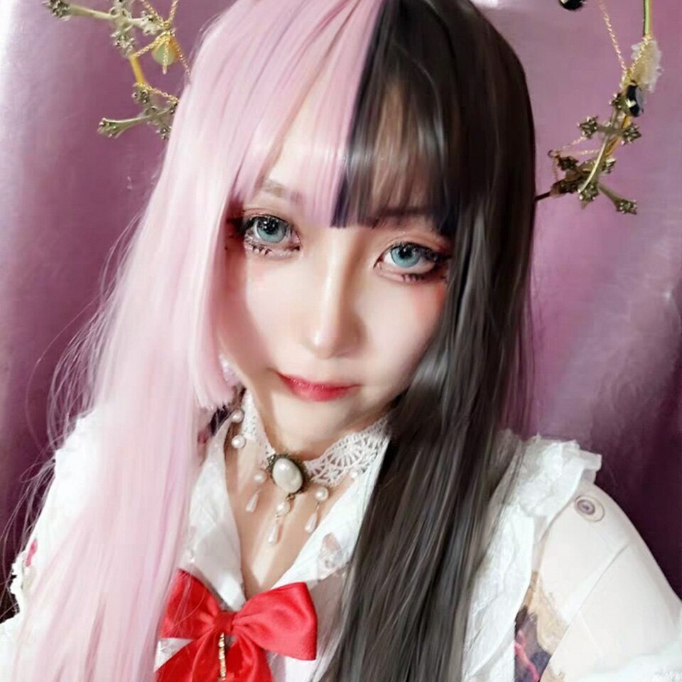 Long Wavy Ombre Black White Pink Heat Resistant Synthetic Lolita Wigs Halloween