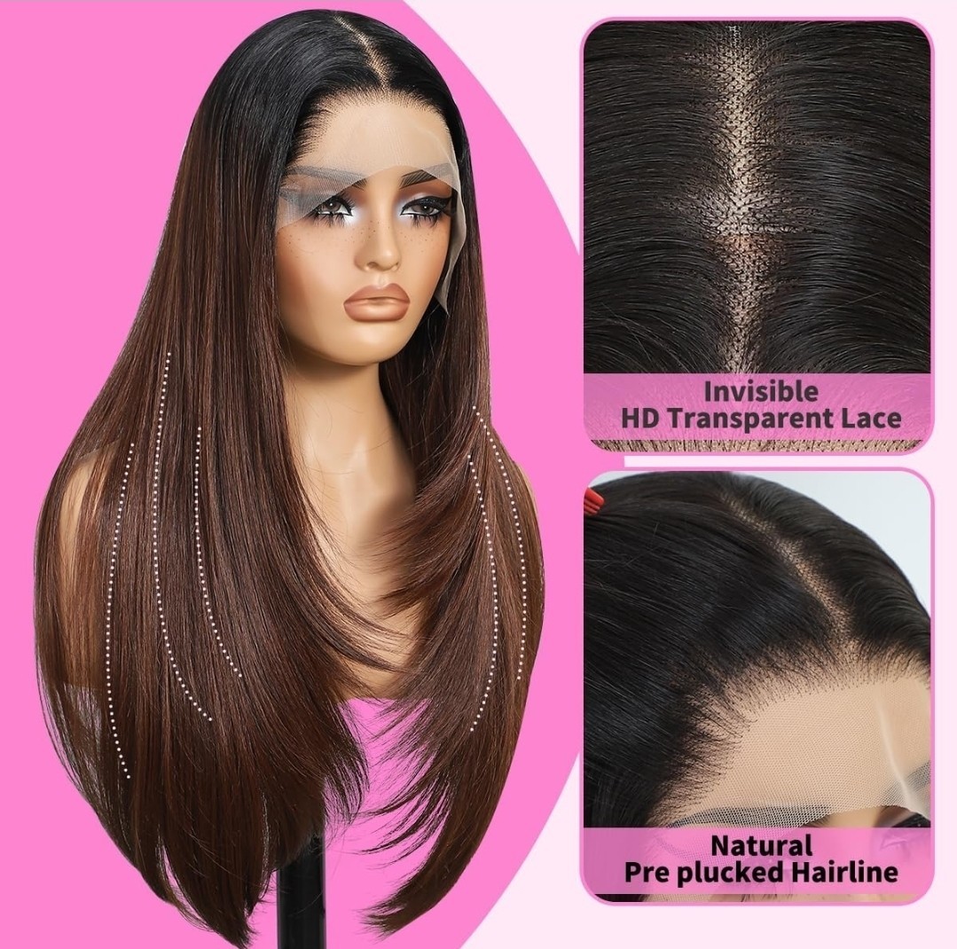 HD Lace Front Wig Human Hair Blend Highlights Wavy Curly Honey BROWN Blonde
