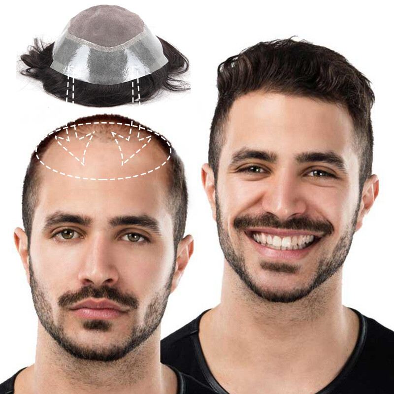 Mens Replacement System Thin Full PU Wig Frontal Toupee Topper Human Hair Gray