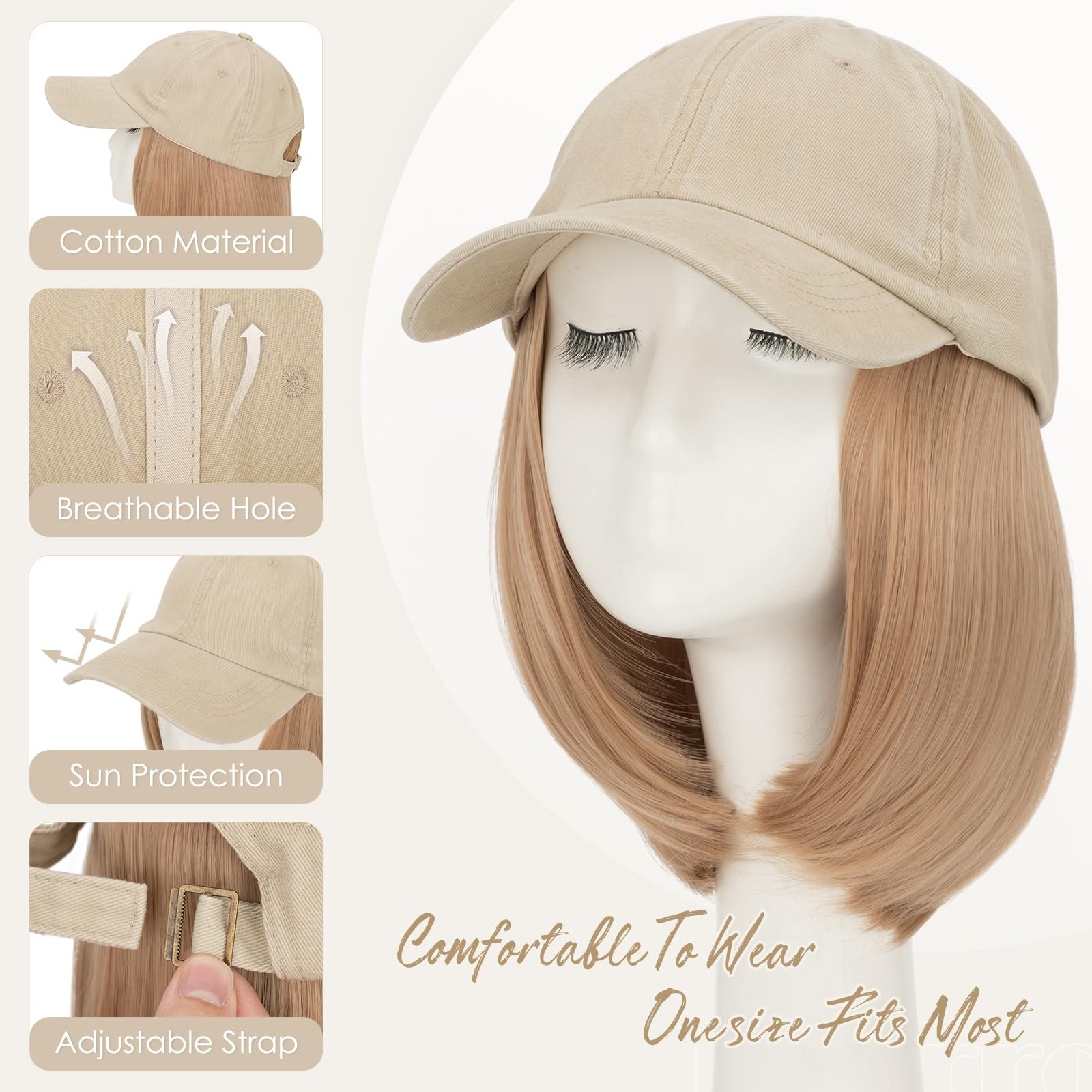 Hairro Hat Wigs For Women Baseball Hat Hair Attached Beige Cap Dark Blonde Hair
