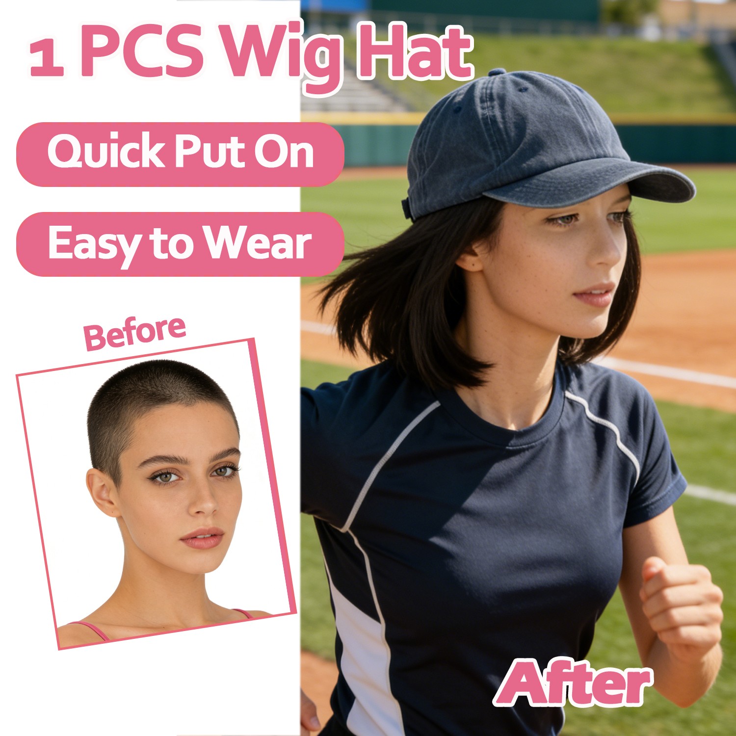 Baseball Cap Hat with Short Synthetic Hair,Baseball Hat Cap with Straight Hair M