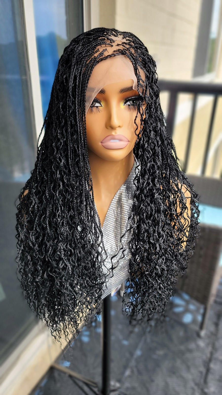 Braided Wig 22″ Micro Boho Braids Jet Black Full Lace Glueless Handmade Long NWT