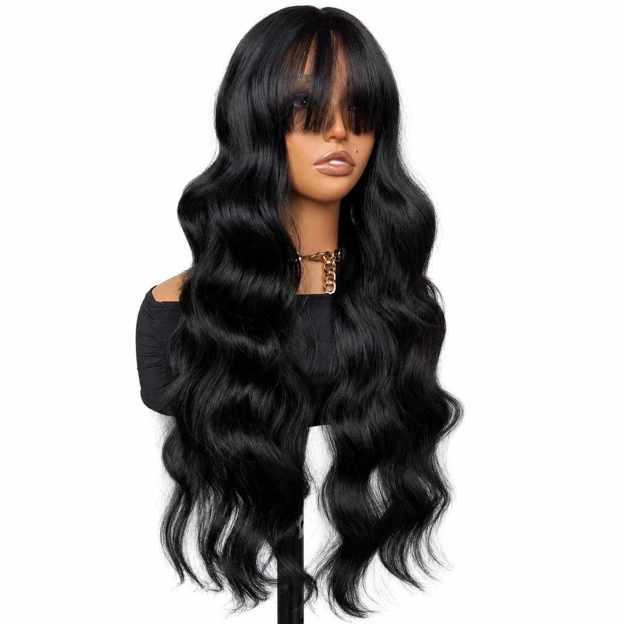 Synthetic T-Part Lace Wigs Bangs Loose Wavy Long Black Heat Resistant Natural