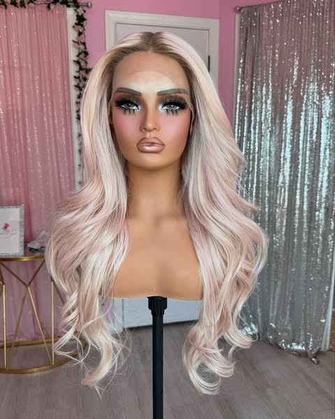 24 Inch Ombre Pink Platinum Blonde Wigs 100% Human Hair Lace Front Wig Body Wave