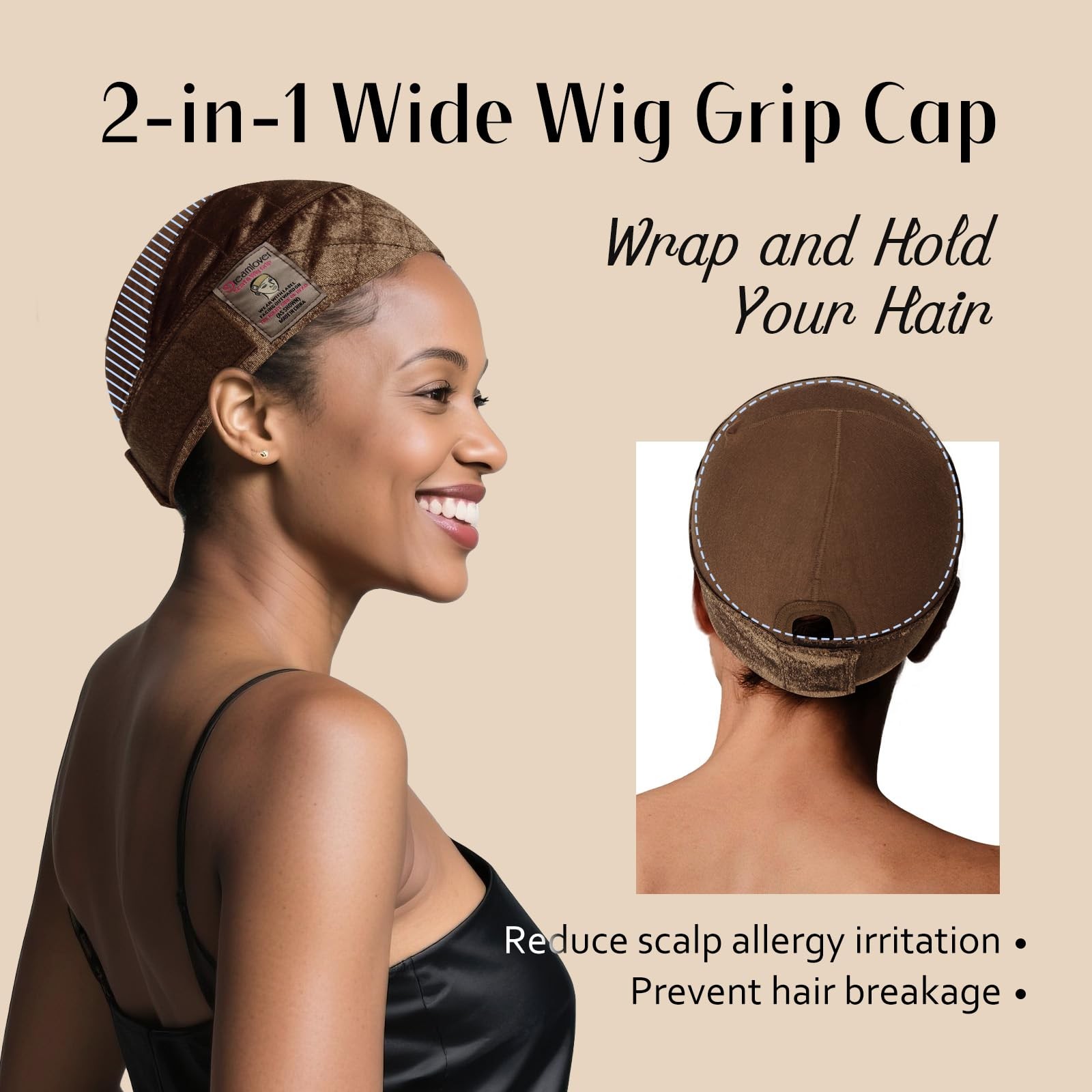 Dreamlover Wide Wig Grip Cap for Women, 2-in-1 Breathable 25 cm, Brown