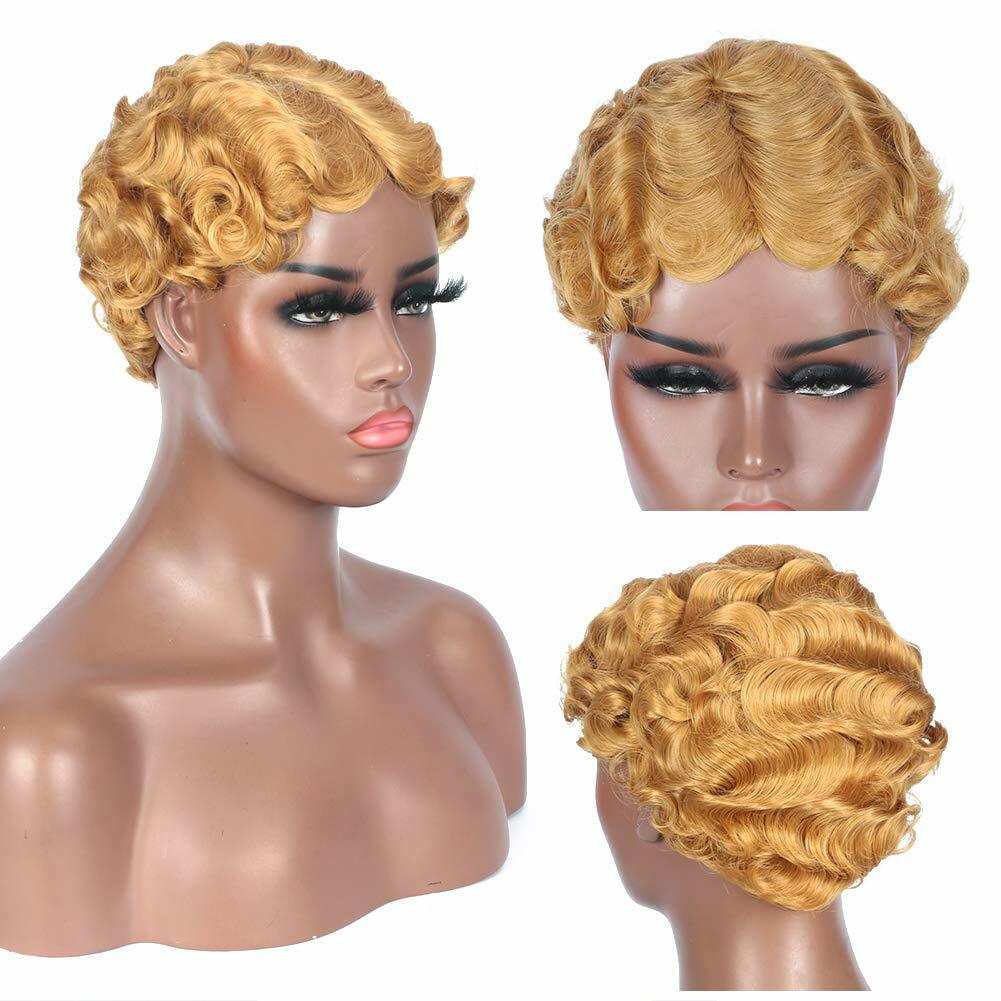 Short Pixie Cut Ocean Wave Brazilian Human Hair Wigs Finger Wave Brown No Lace