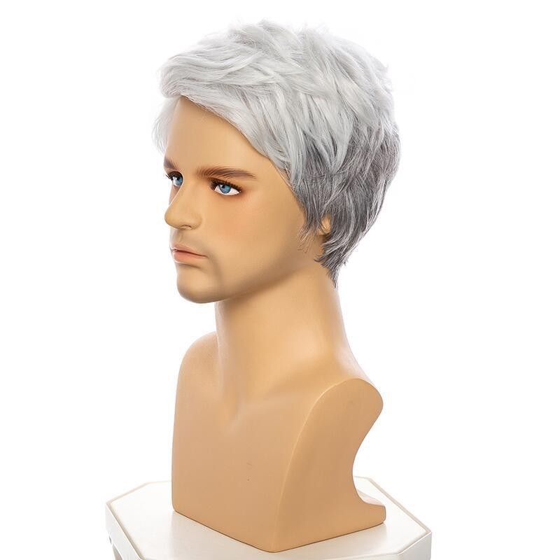 Men’s Short Gray Wig Asymmetrical Part Synthetic Hair Wig for Middle Old Age