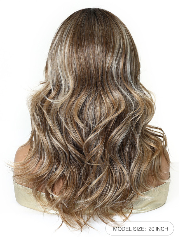 Long Wavy Rooted Blonde Gray Brown Mix Synthetic Hair Wigs Women Soft Natural