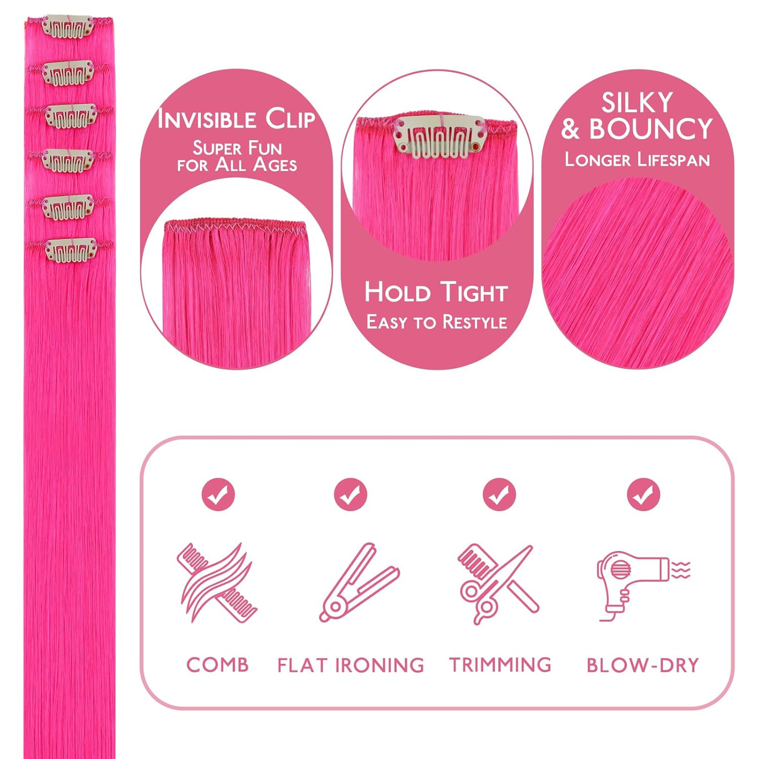 Hot Pink Clip in Hair Extensions Real Human Hair 35G 6Pcs 16 Inch Colored Hair E