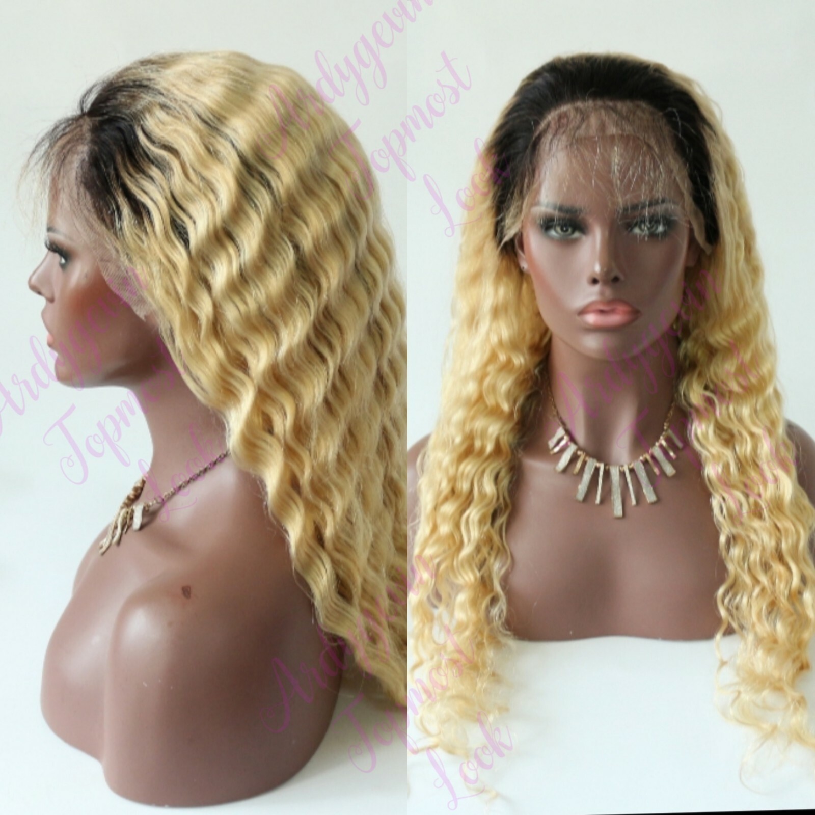 Deep wave lace front wig human hair pre plucked ombre 1b/613 28 inch.