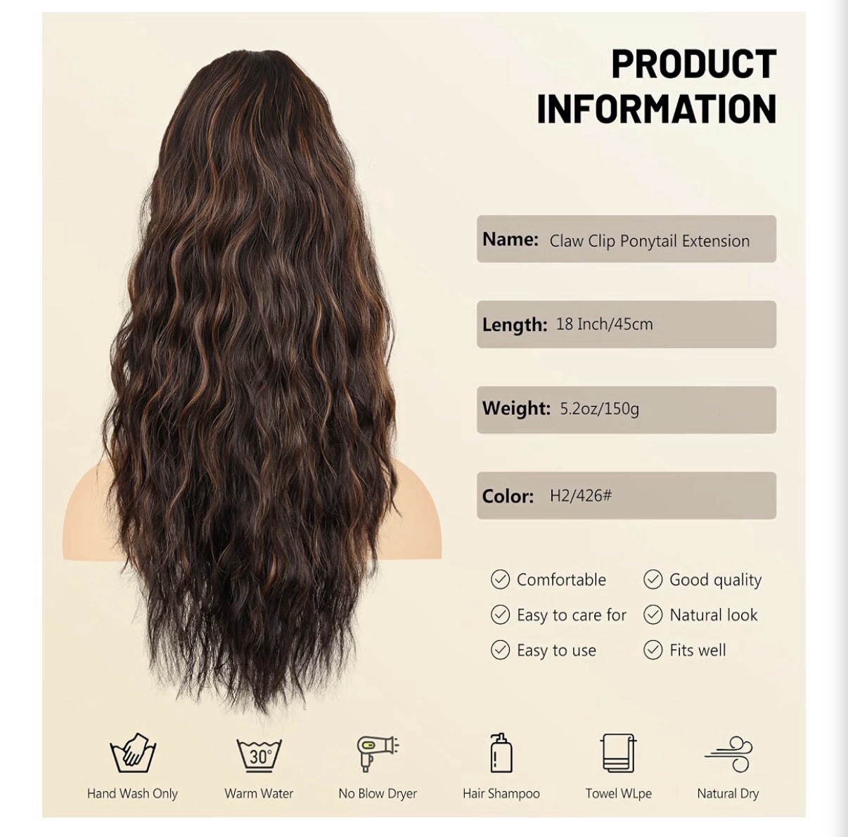 18 Inch Claw Clip Ponytail Extension,Clip on Ponytail for Women, Wavy, Medium Br